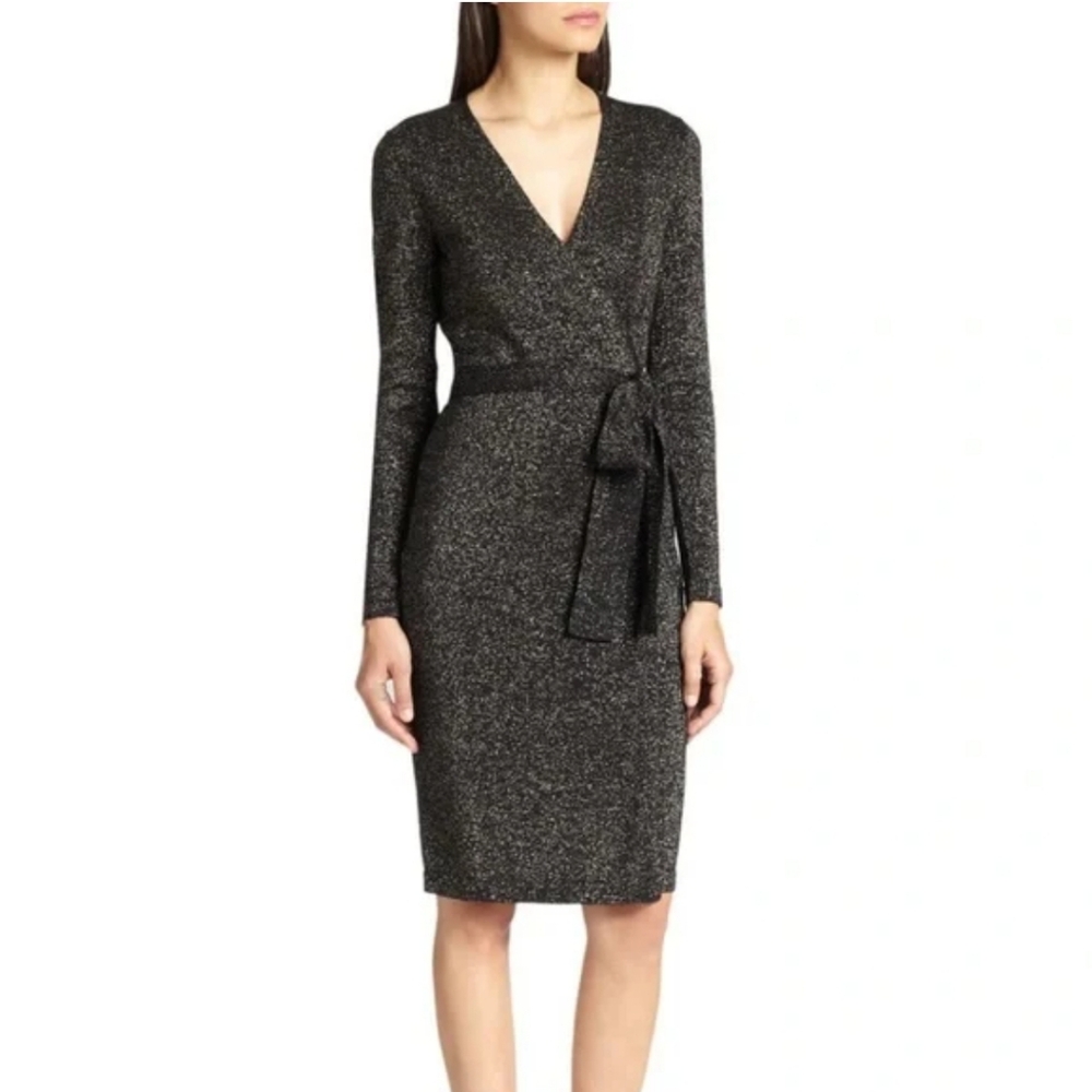 Diane Von Furstenberg Black Metallic Wrap Dress